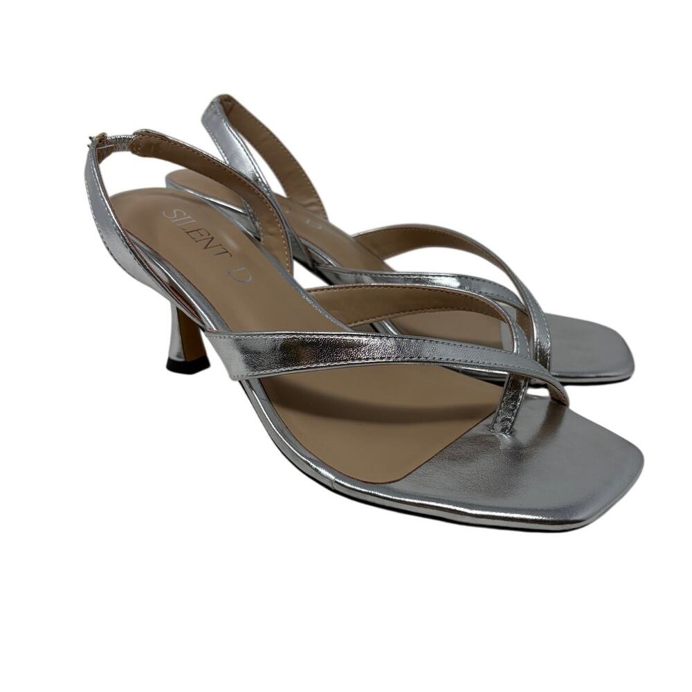 Silent D Strappy Slingback Kitten Heels Womens Size 37 US 7 Silver Faux Leather